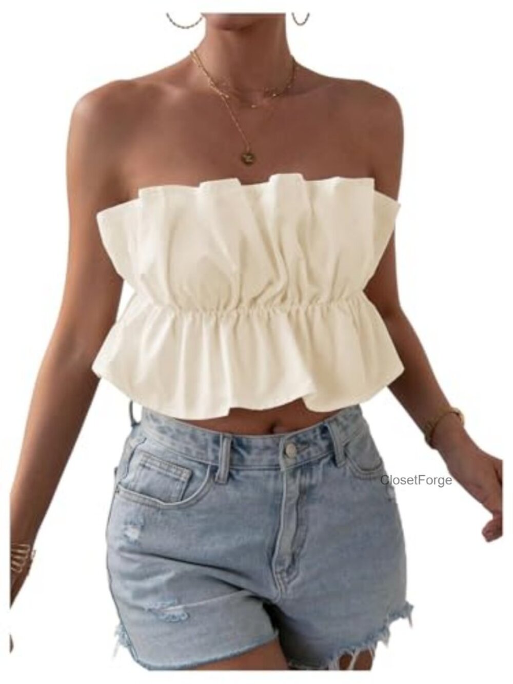 Woven Ruffle Hem Strapless Bandeau Tube Top Peplum Crop
